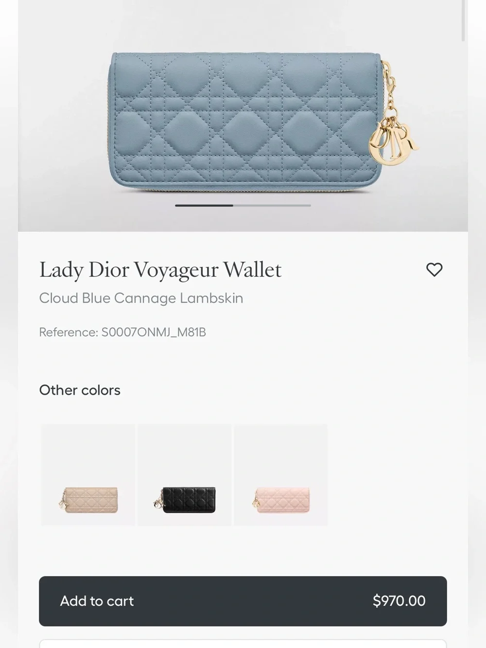Dior Cloud Blue Quilted Lady Wallet with Gold Charms